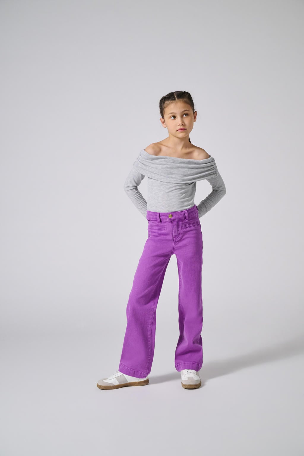 Paarse meisjes KIDS ONLY GIRL flared broek van polyester met regular waist, rits- en knoopsluiting en effen
