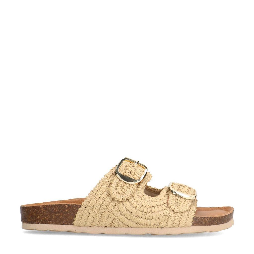 Beige dames Manfield slippers van raffia met gesp