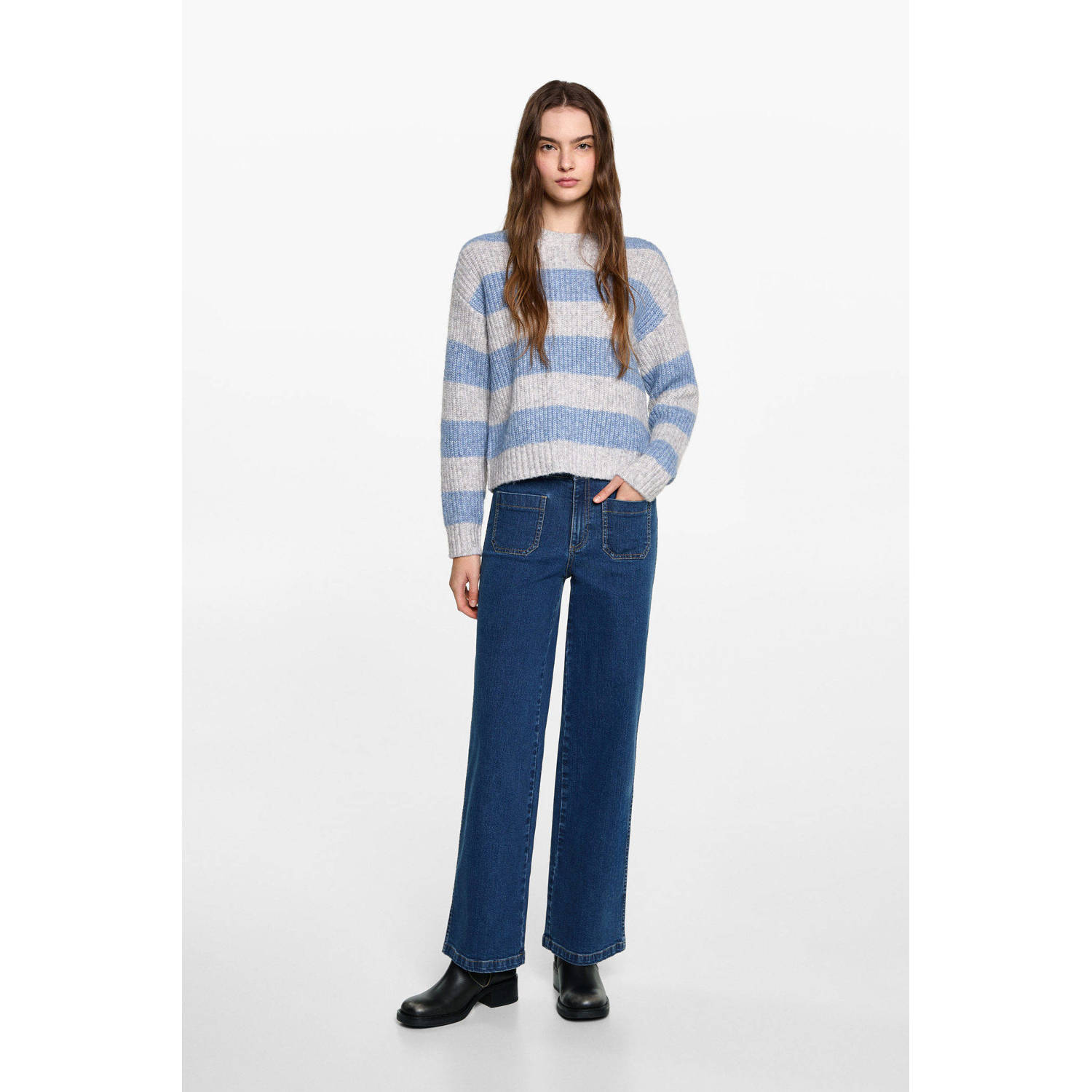 MANGO TEEN wide leg regular waist jeans dark blue denim
