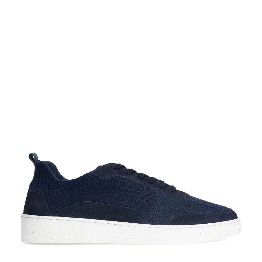 Donkerblauwe heren Manfield sneakers van textiel met veters en effen