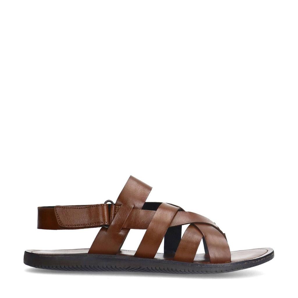 Cognackleurige heren Manfield leren sandalen met klittenband