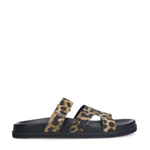   leren slippers met panterprint beige/zwart