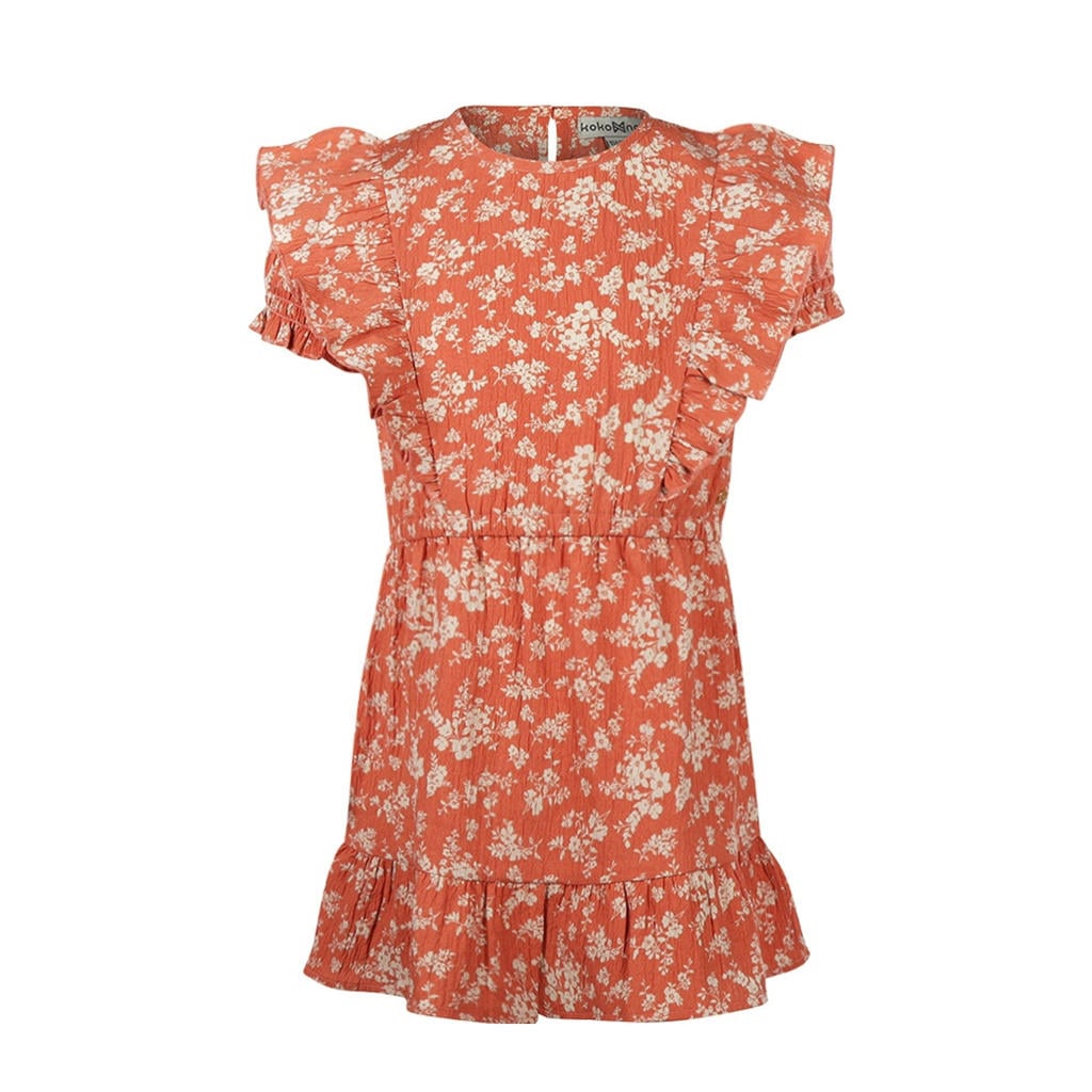 Oranje en ecru meisjes Koko Noko korte jurk van polyester met bloemenprint, korte mouwen en ronde hals
