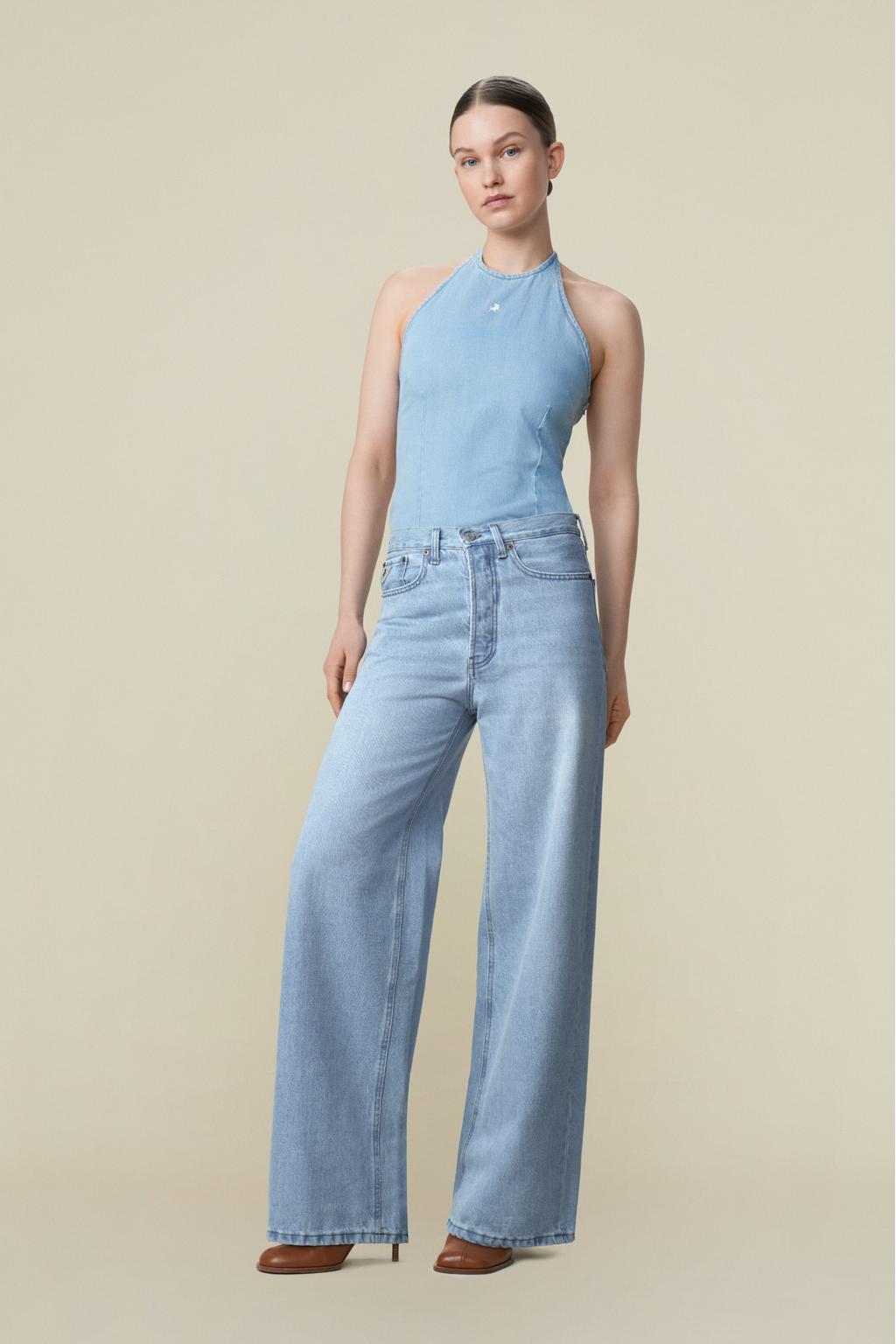 Light blue denim dames Lois high waist wide leg jeans van denim met rits- en knoopsluiting en effen