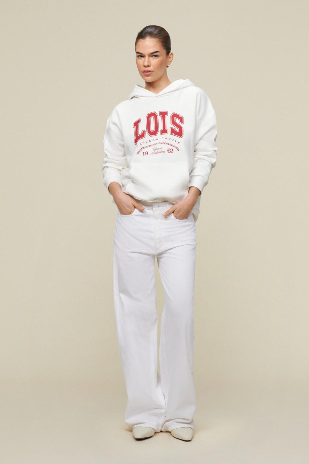 Witte dames Lois high waist wide leg jeans van denim met low waist, rits- en knoopsluiting en effen