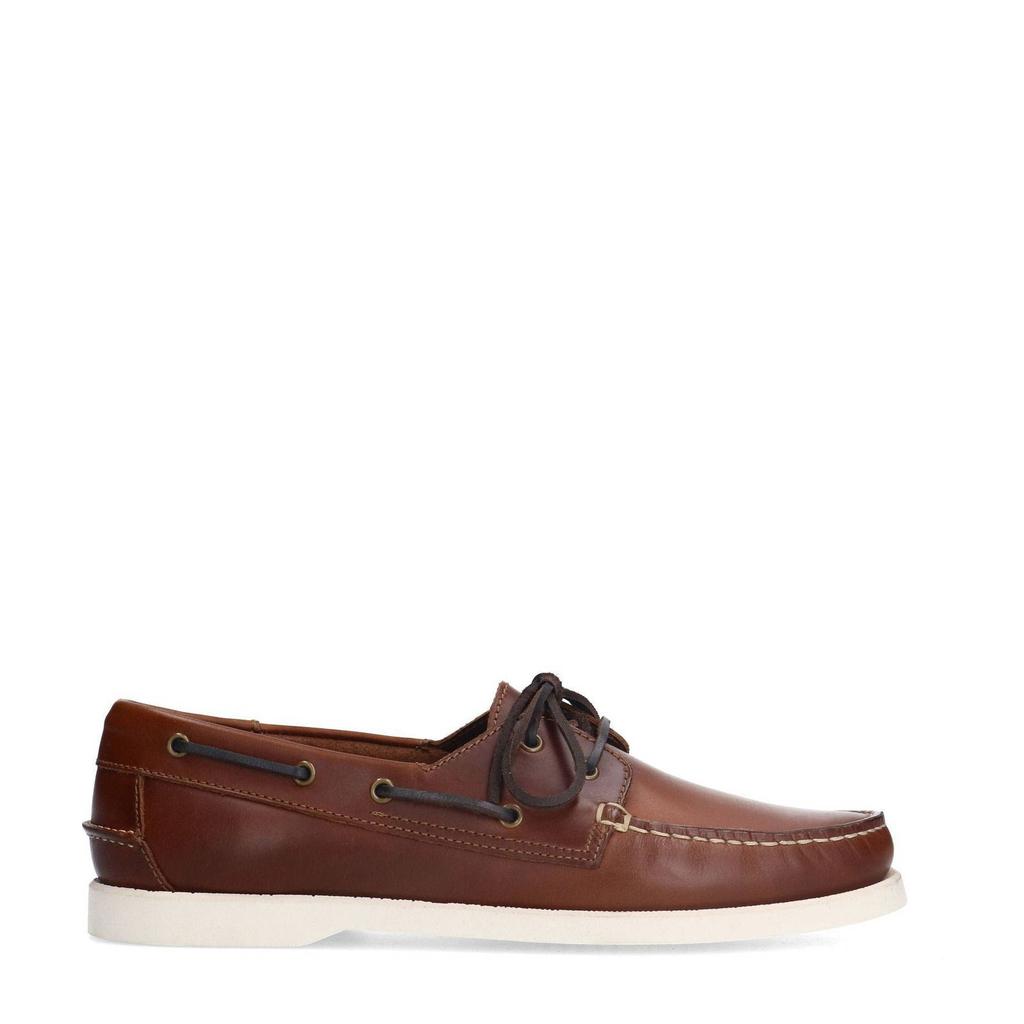 Cognackleurige heren Manfield leren bootschoenen met veters