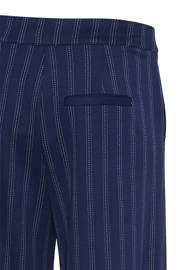 thumbnail: Donkerblauwe dames ICHI straight high waist pantalon van viscose met elastische tailleband en krijtstreepprint
