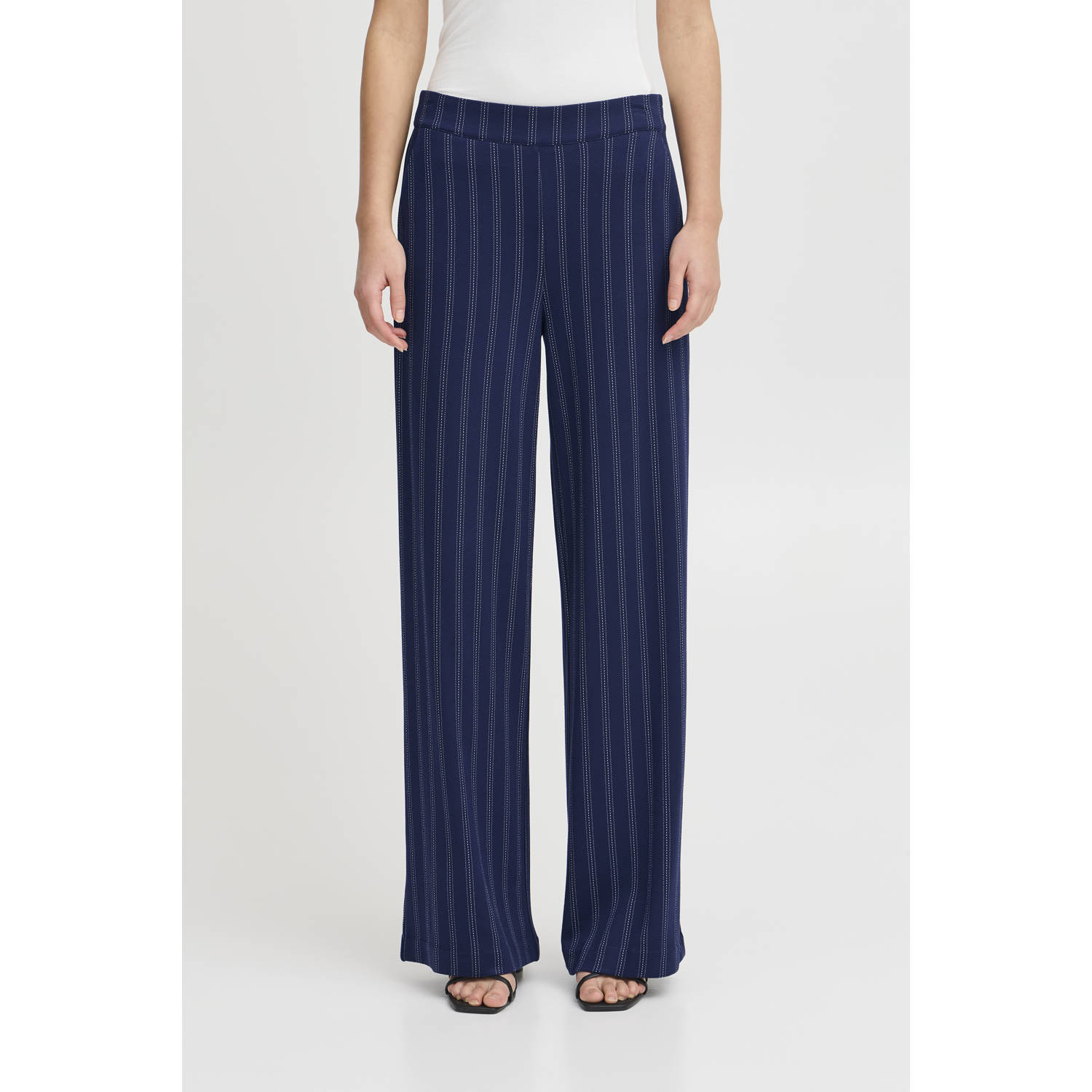 ICHI straight high waist pantalon donkerblauw