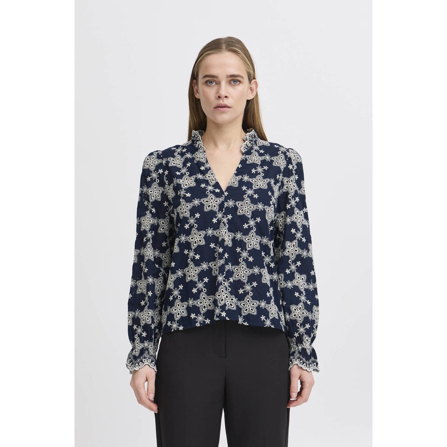 ICHI blouse donkerblauw broderie