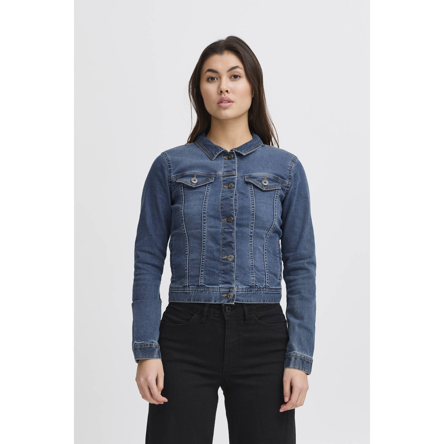Ichi Klassieke Denim Blazer V-Neck Stijl Blue Dames
