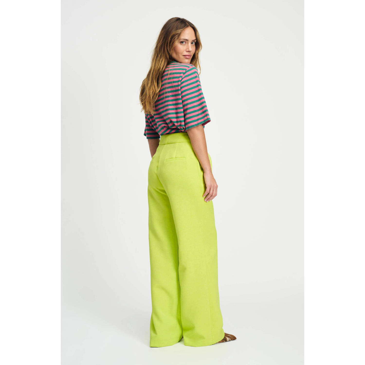 POM Amsterdam wide leg high waist pantalon limegroen