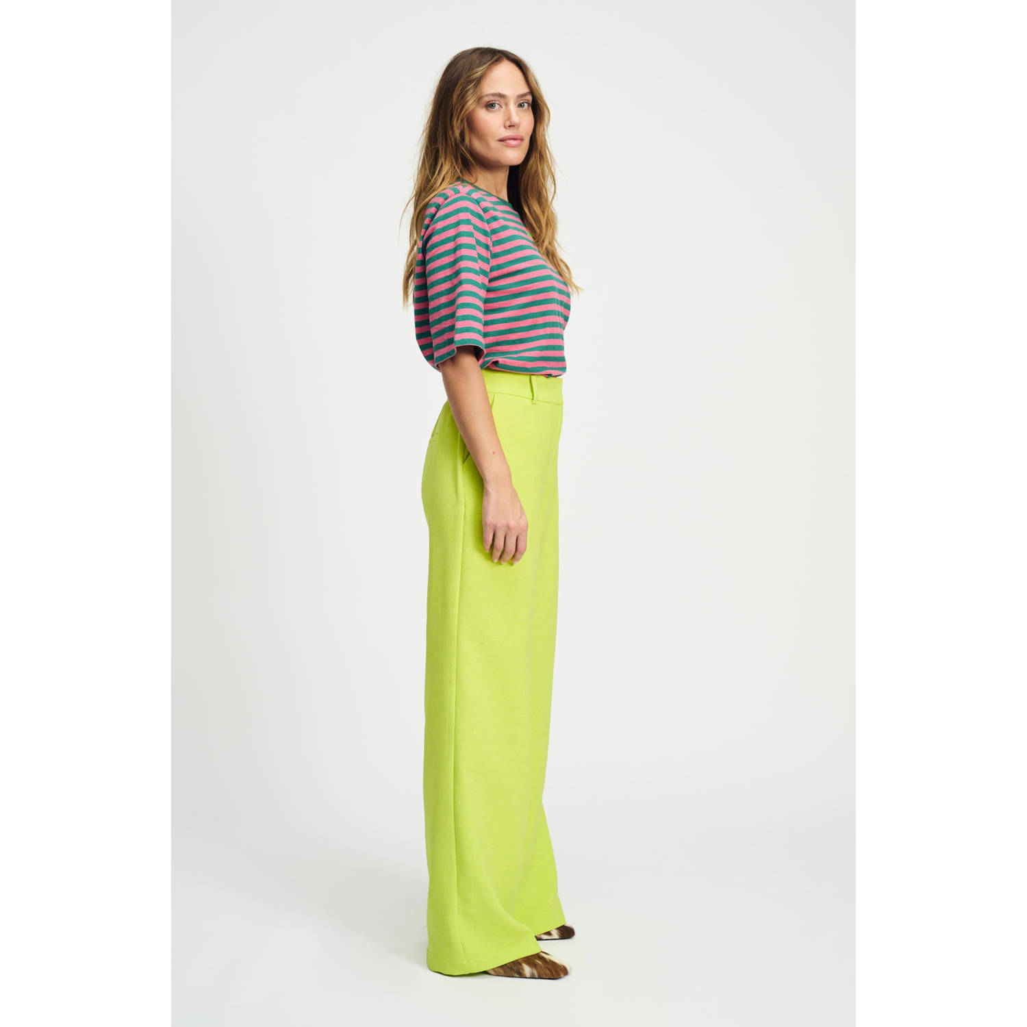 POM Amsterdam wide leg high waist pantalon limegroen