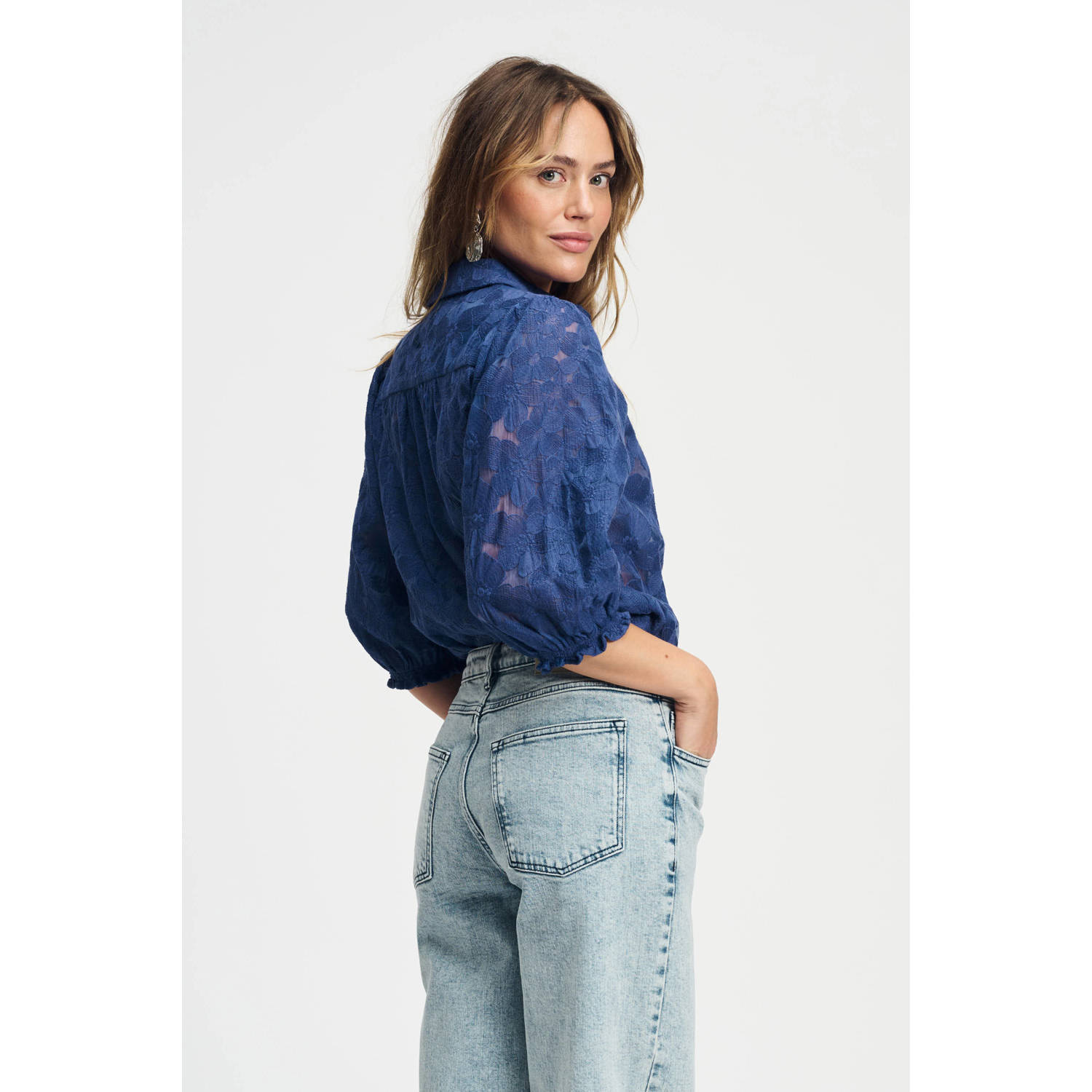 POM Amsterdam blouse donkerblauw broderie