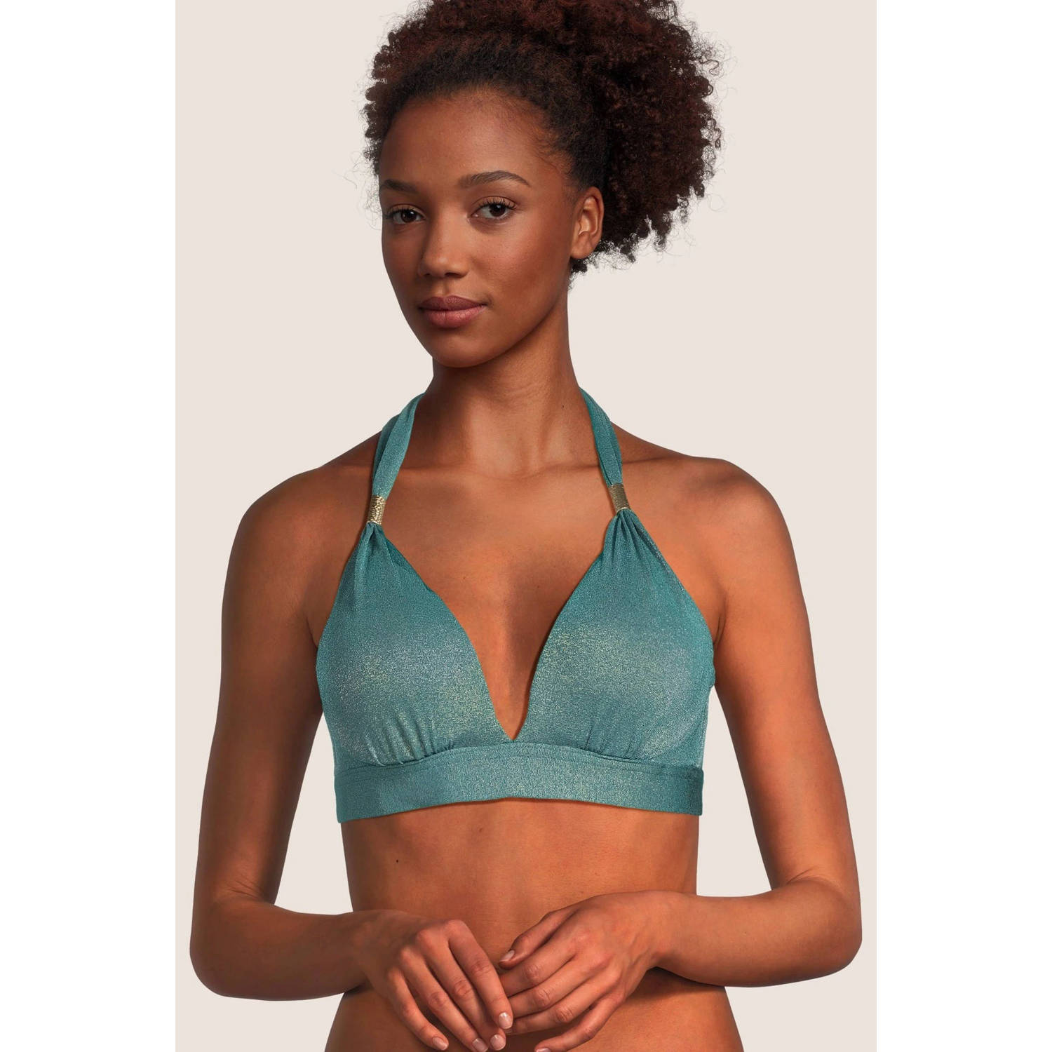 BEACHWAVE voorgevormde halter bikinitop met zilver lurex blauw