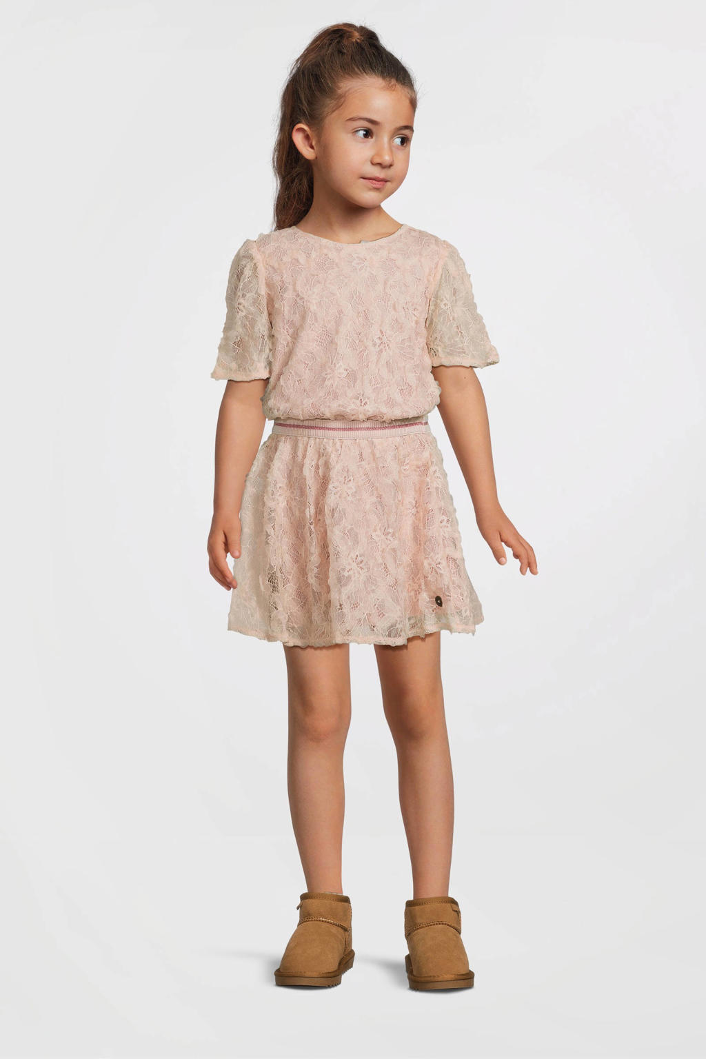 Lichtroze meisjes Like Flo korte jurk van polyester met effen, half lange mouwen, ronde hals, ritssluiting en semi-transparante details