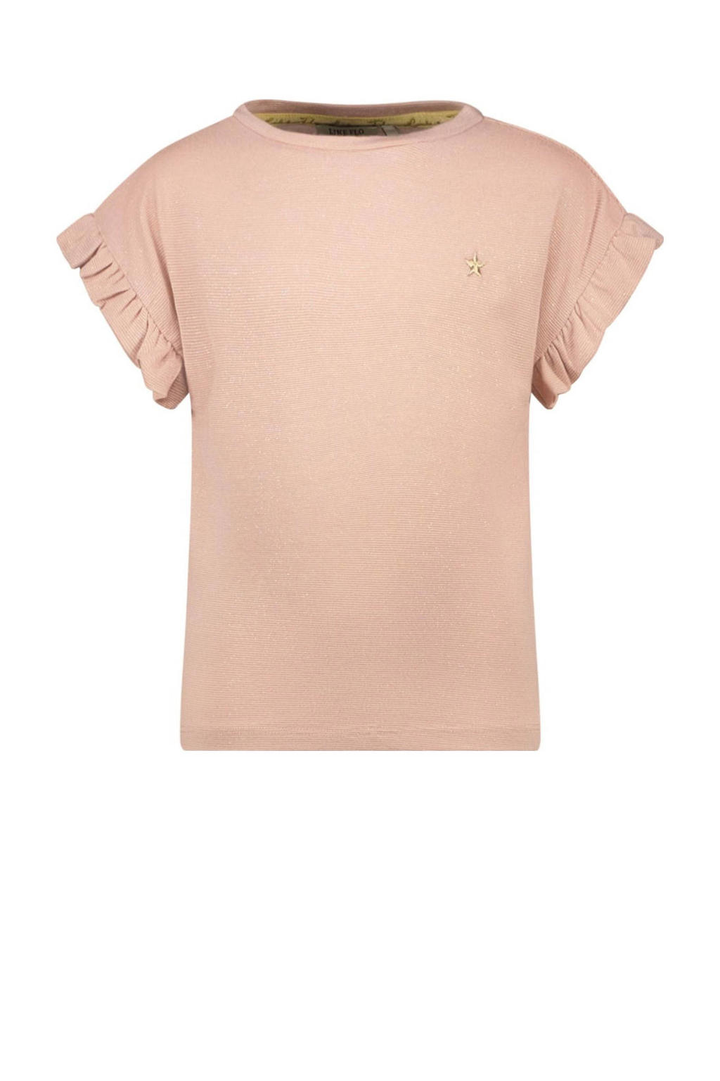 Lichtroze meisjes Like Flo T-shirt van polyester met effen, korte mouwen, ronde hals en ruches