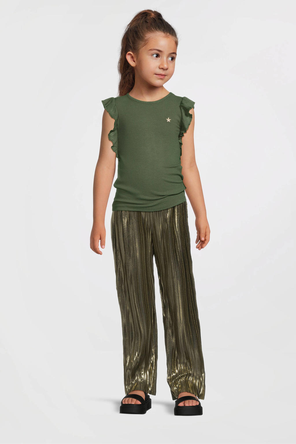 Groene meisjes Like Flo T-shirt van viscose met effen, korte mouwen, ronde hals en ruches