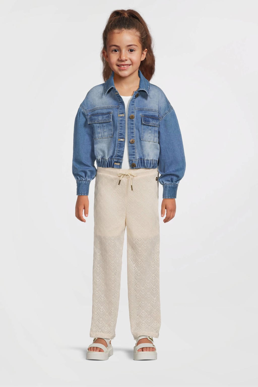 Beige meisjes Like Flo straight casual broek van polyester met regular waist, elastische tailleband met koord en effen