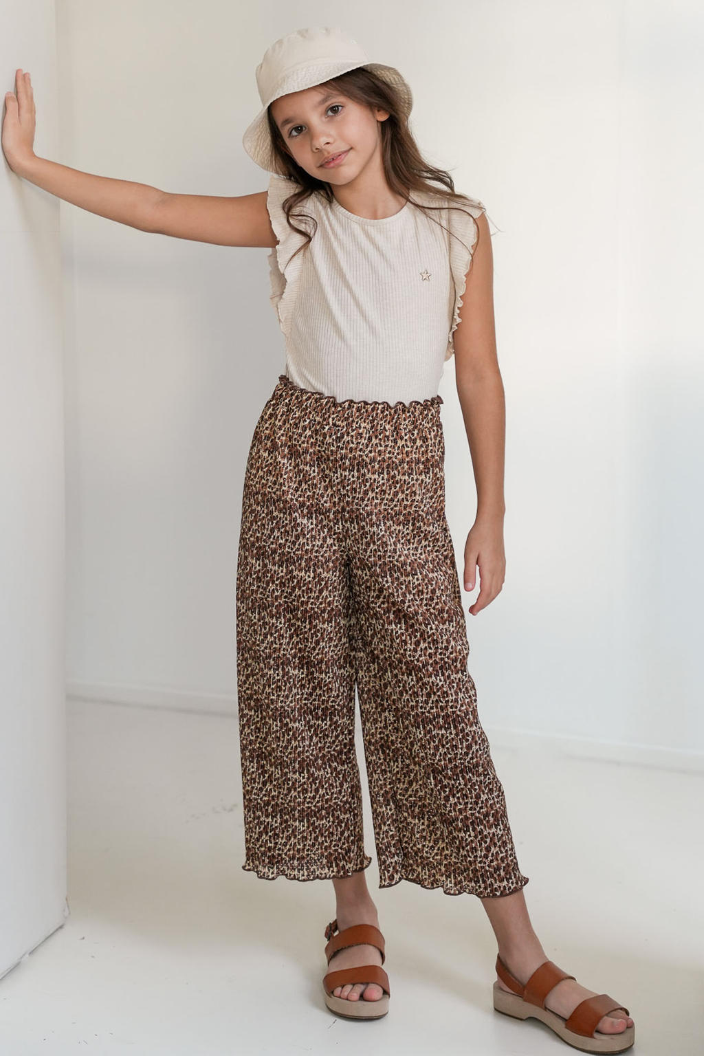 Beige meisjes Like Flo T-shirt van viscose met effen, korte mouwen, ronde hals en ruches