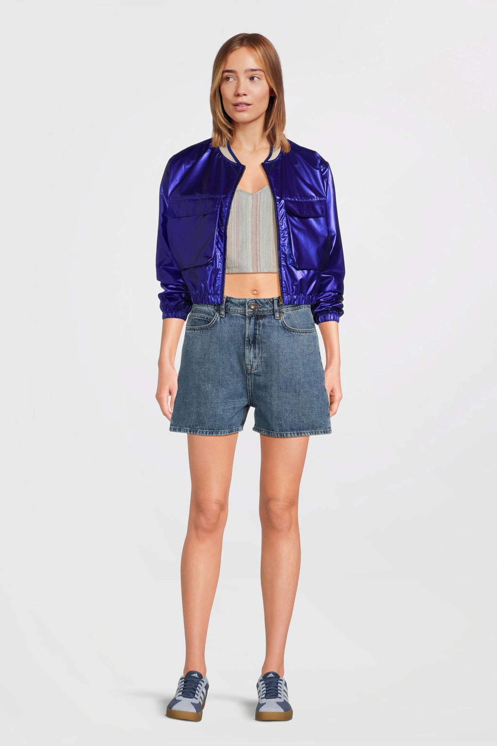 Blauwe meisjes Like Flo Young bomberjack van polyamide met effen, lange mouwen, ronde hals, ritssluiting en glimmend detail