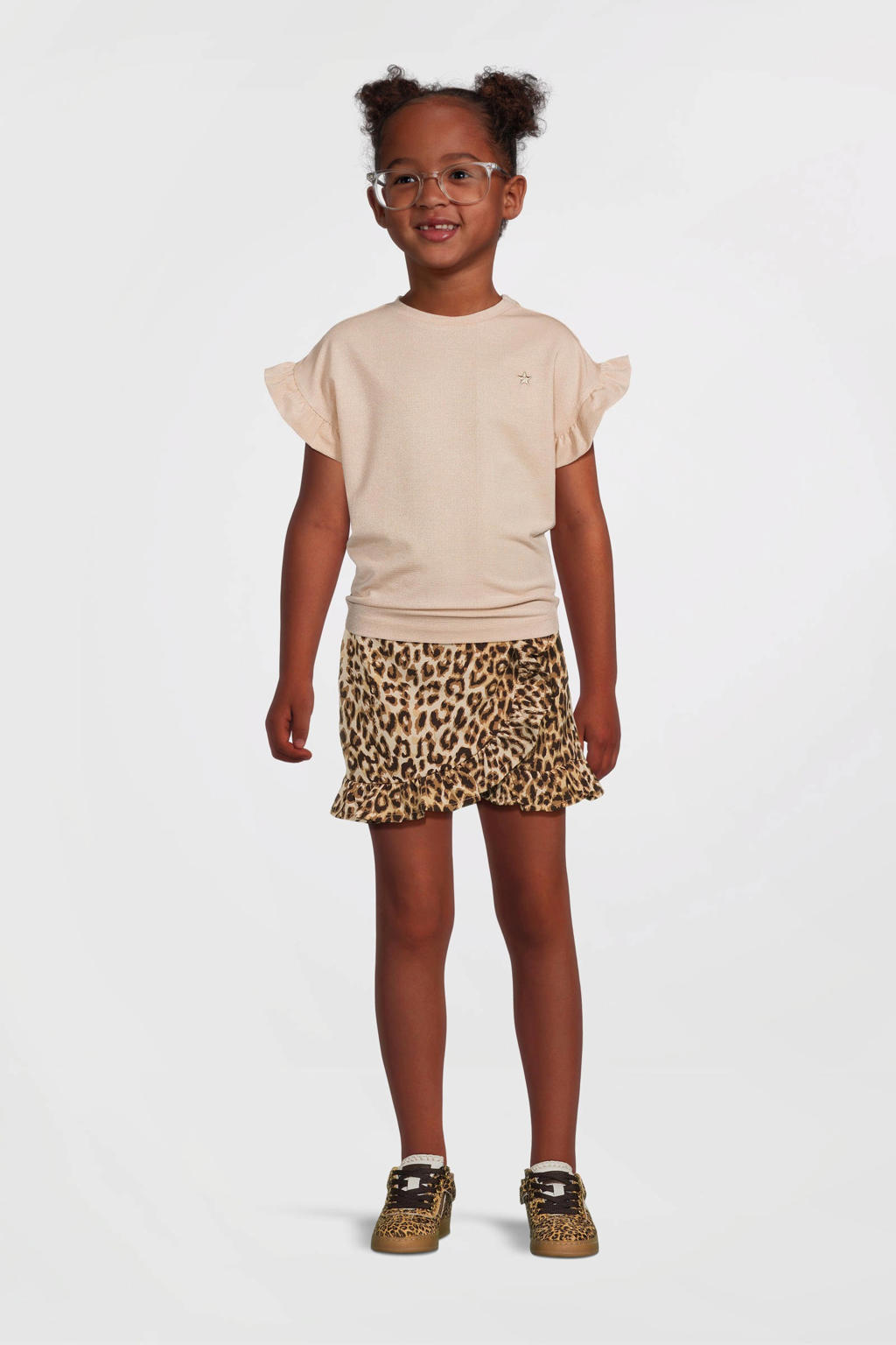 Beige meisjes Like Flo T-shirt van viscose met effen, korte mouwen, ronde hals en glitters