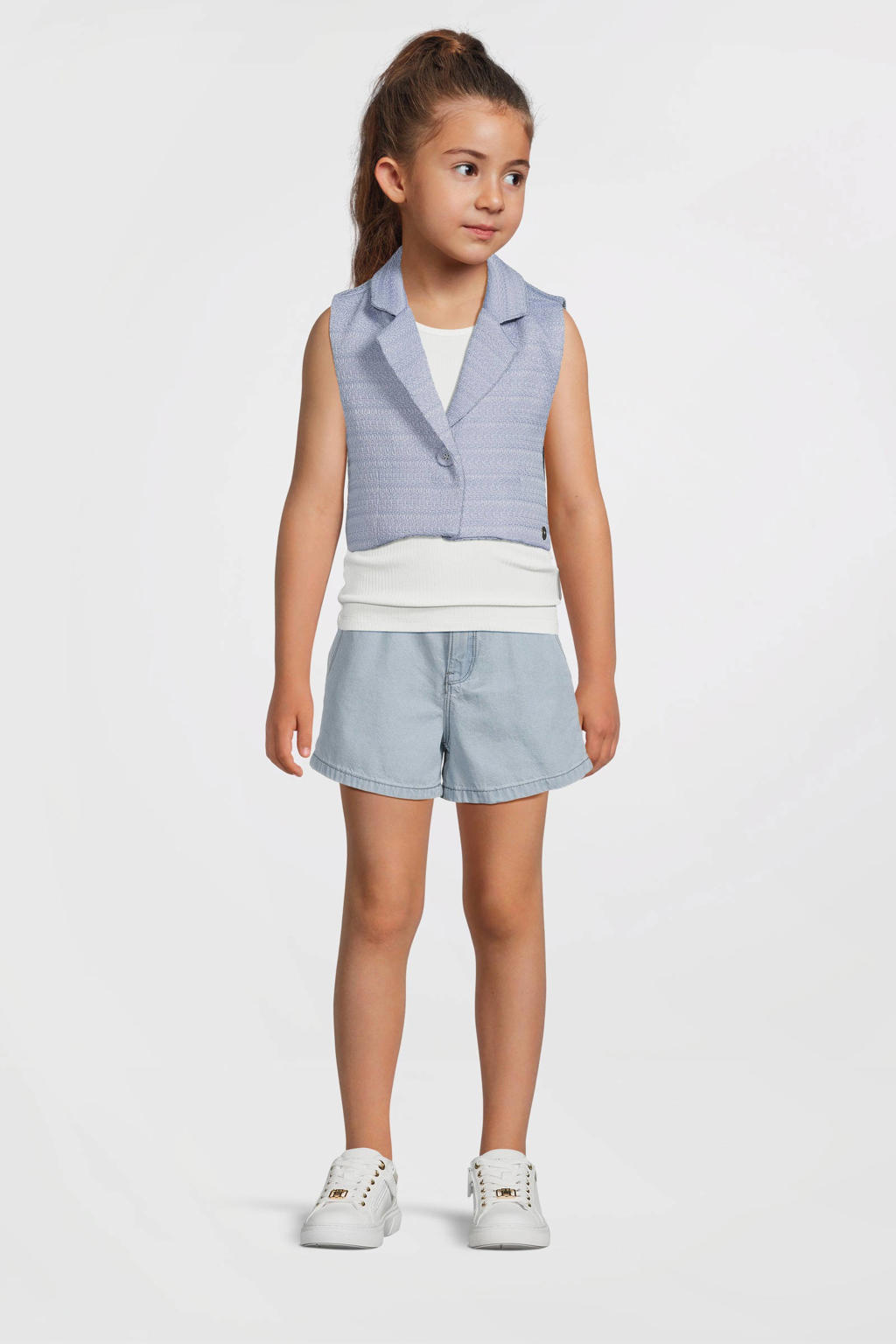 Lichtblauwe meisjes Like Flo gilet van polyester met effen, reverskraag, knoopsluiting en textuur