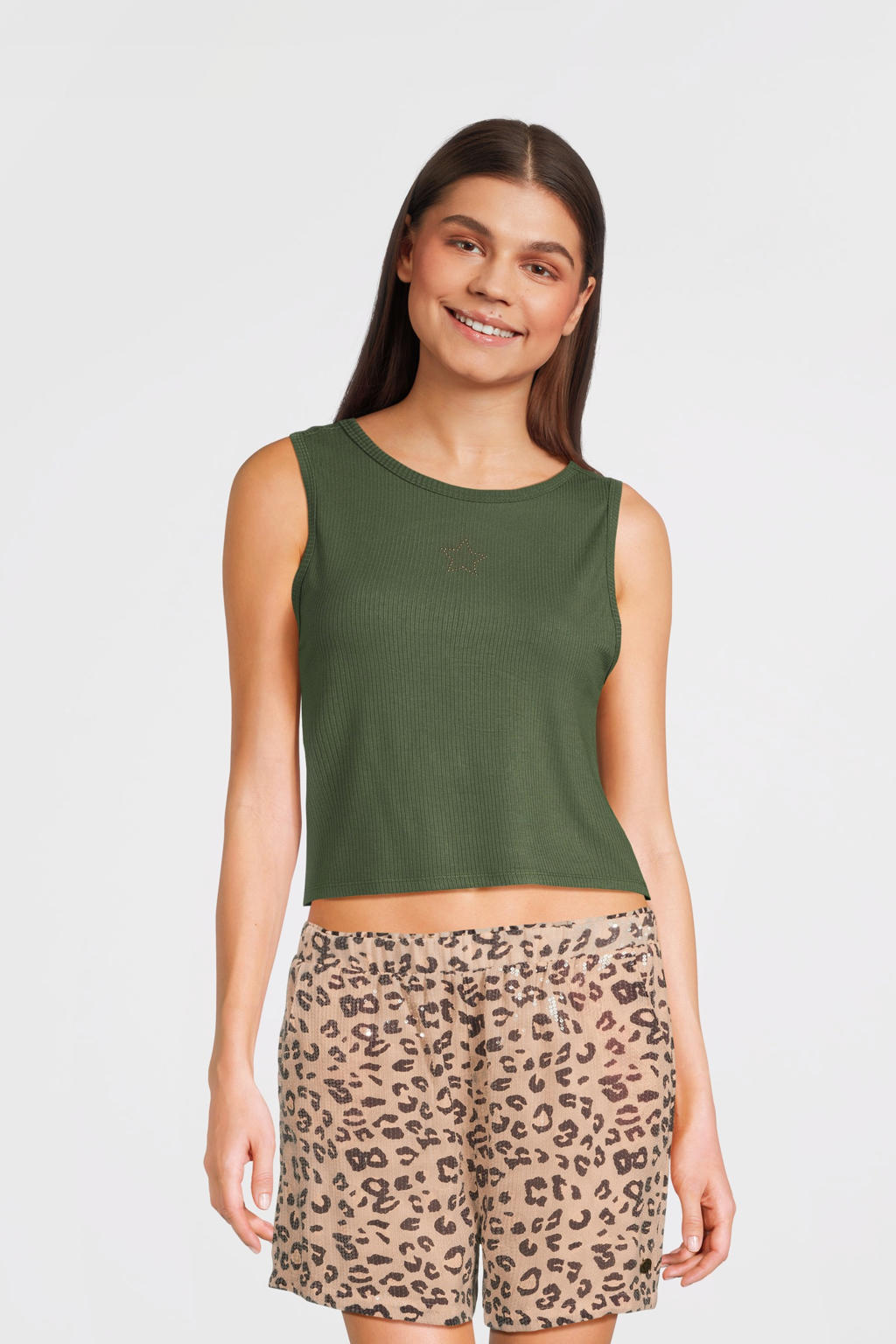 Groene meisjes Like Flo Young mouwloze top van viscose met effen, ronde hals en borduursels