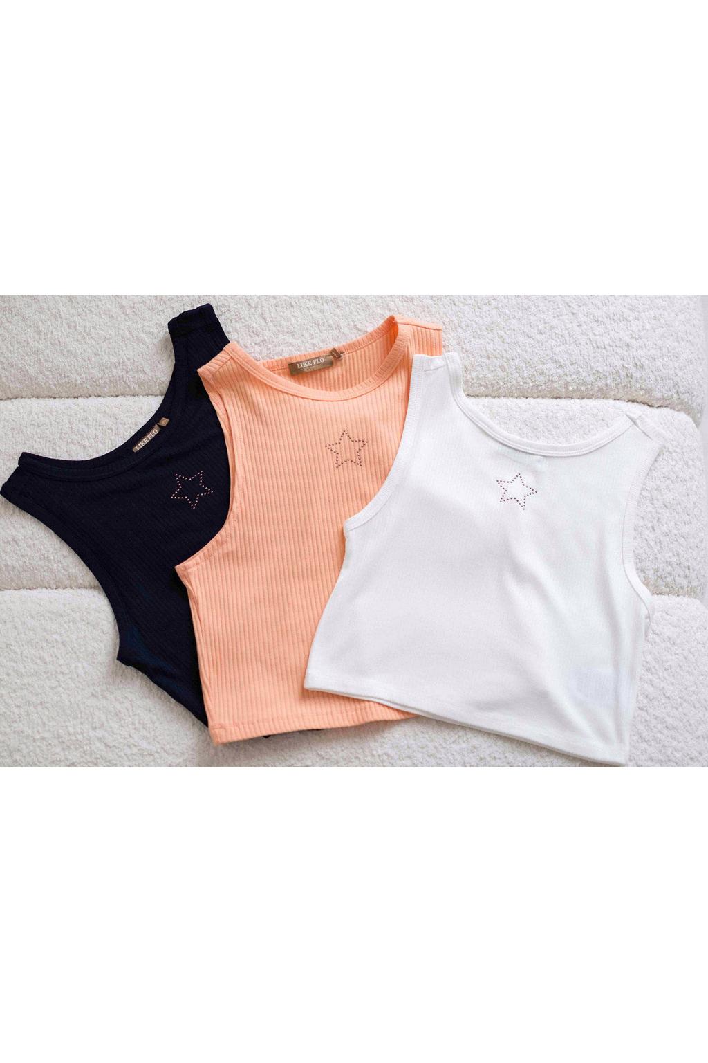 Donkerblauwe meisjes Like Flo Young mouwloze top van viscose met effen, ronde hals en borduursels