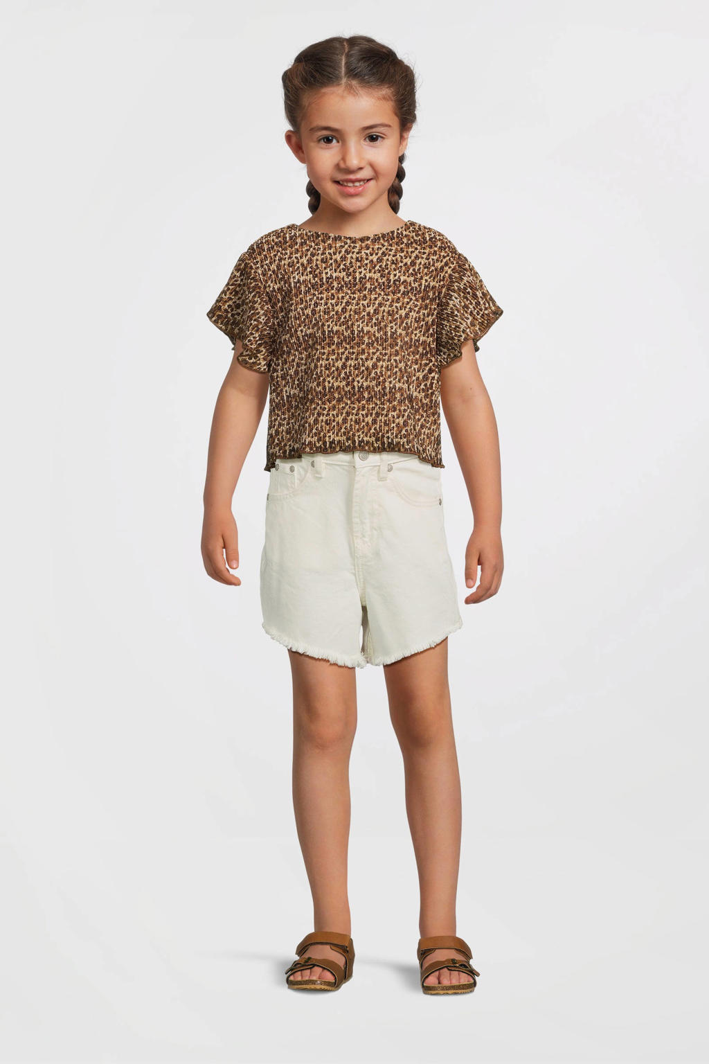 Bruine meisjes Like Flo blousetop van polyester met korte mouwen, ronde hals, knoopsluiting en textuur