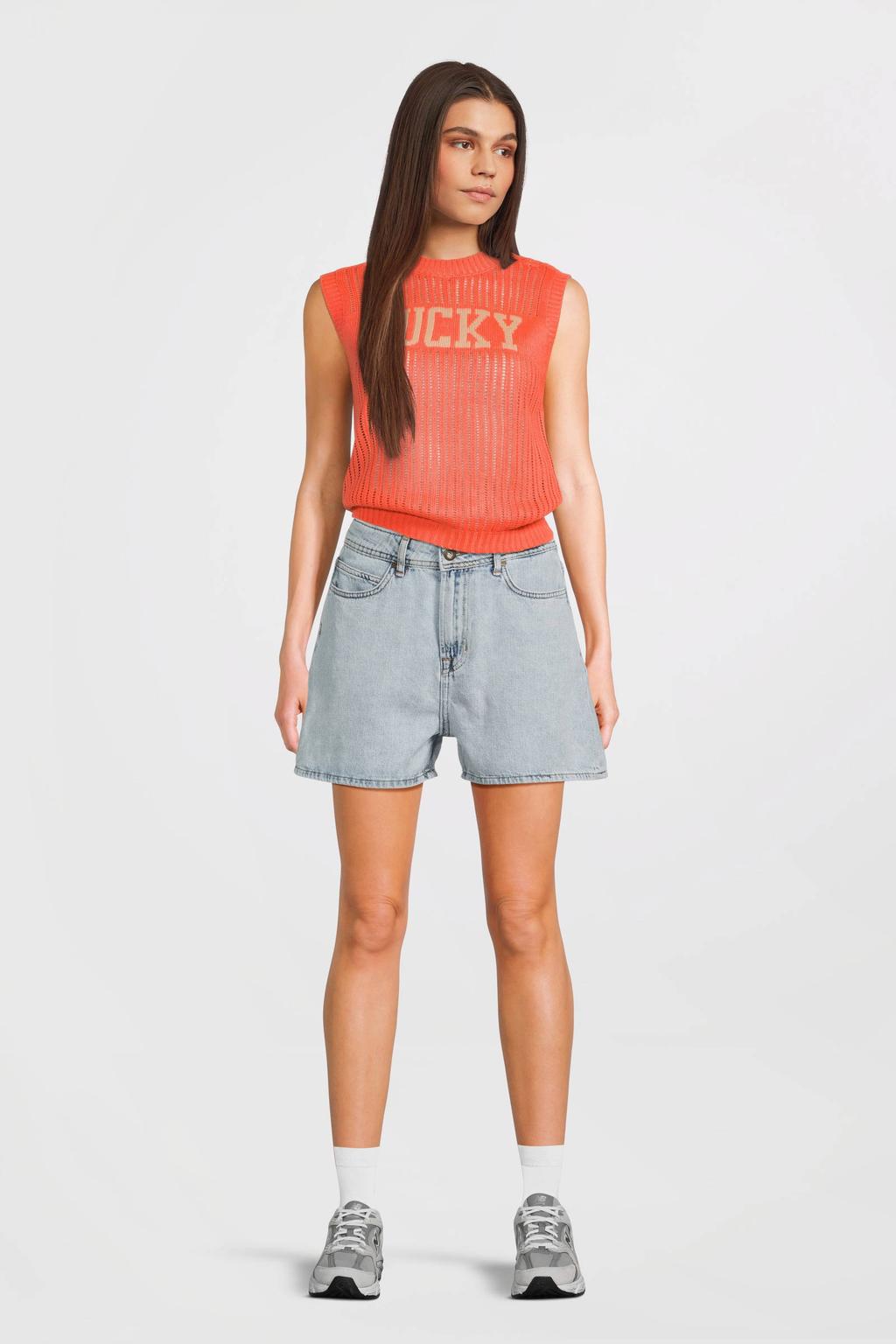 Oranje meisjes Like Flo Young mouwloze top gebreid van acryl met tekst print en ronde hals