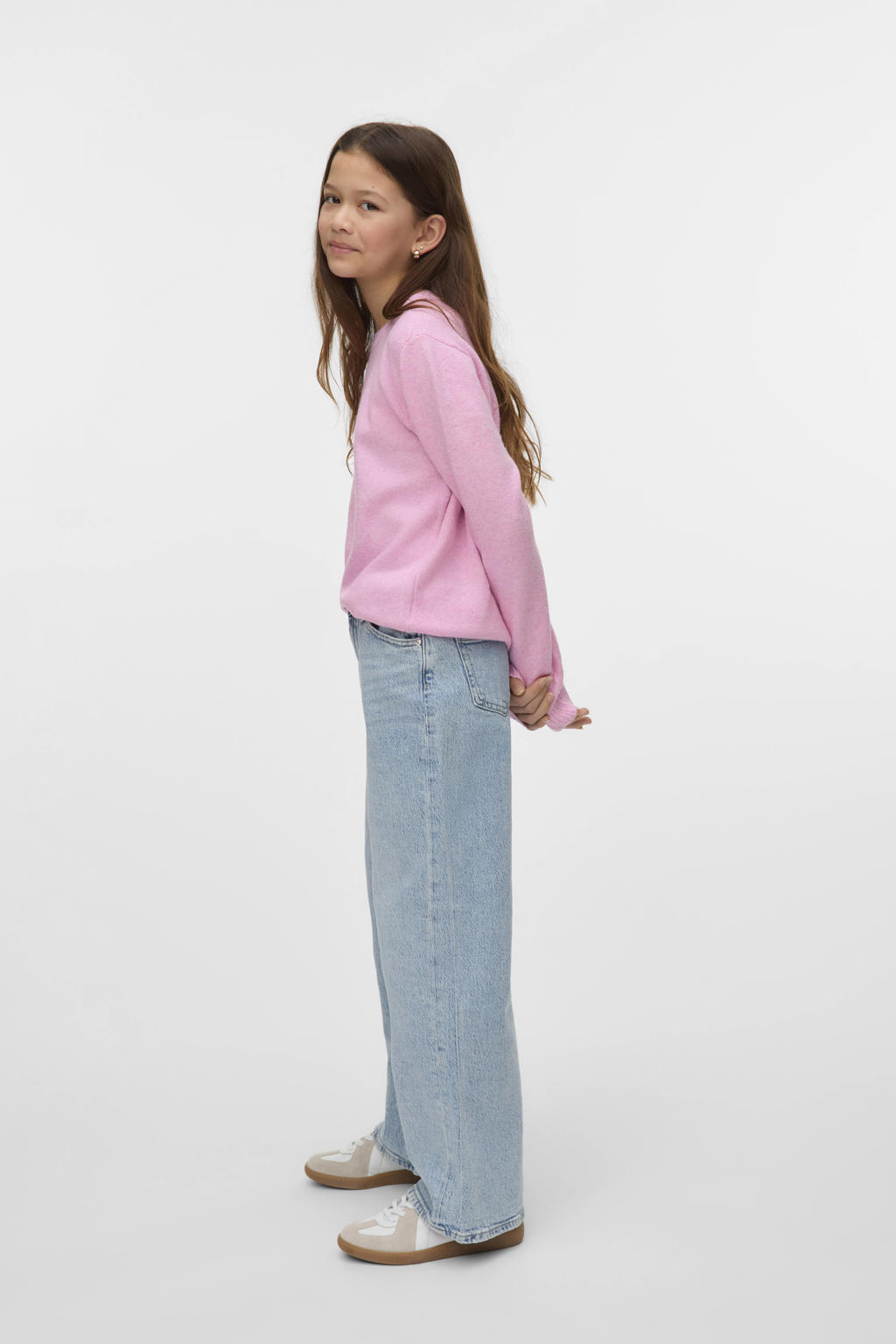 Lichtblauwe meisjes VERO MODA GIRL wide leg high waist jeans van denim met rits- en knoopsluiting en effen