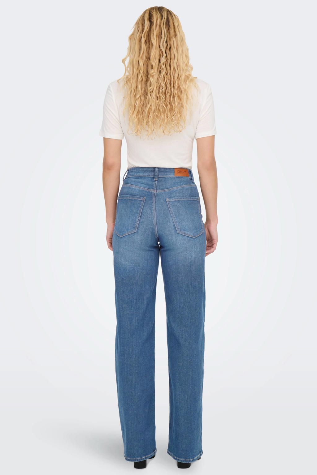 Light blue denim dames ONLY high waist wide leg jeans van denim met rits- en knoopsluiting en effen