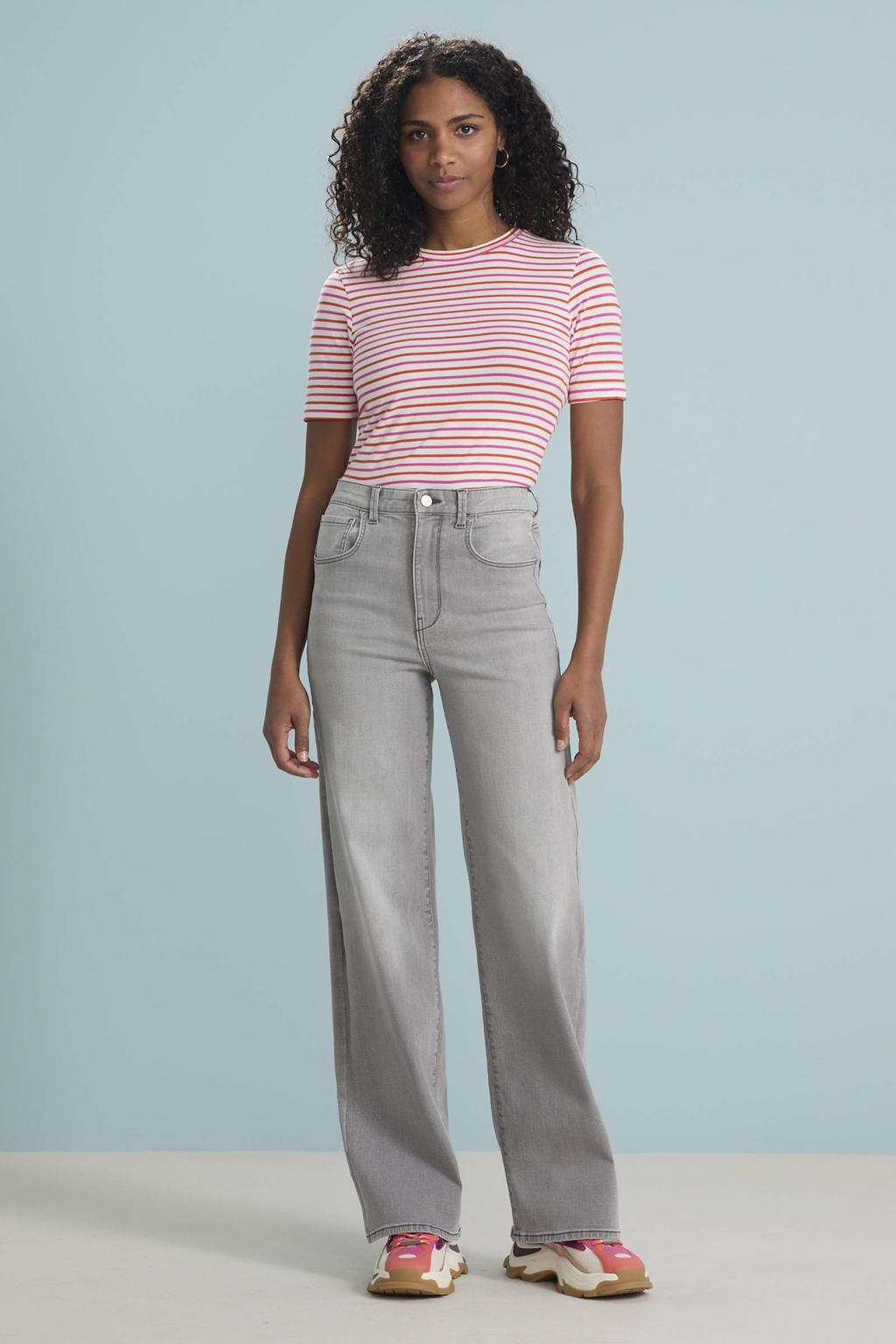 Grey denim dames ONLY high waist wide leg jeans van denim met rits- en knoopsluiting en effen