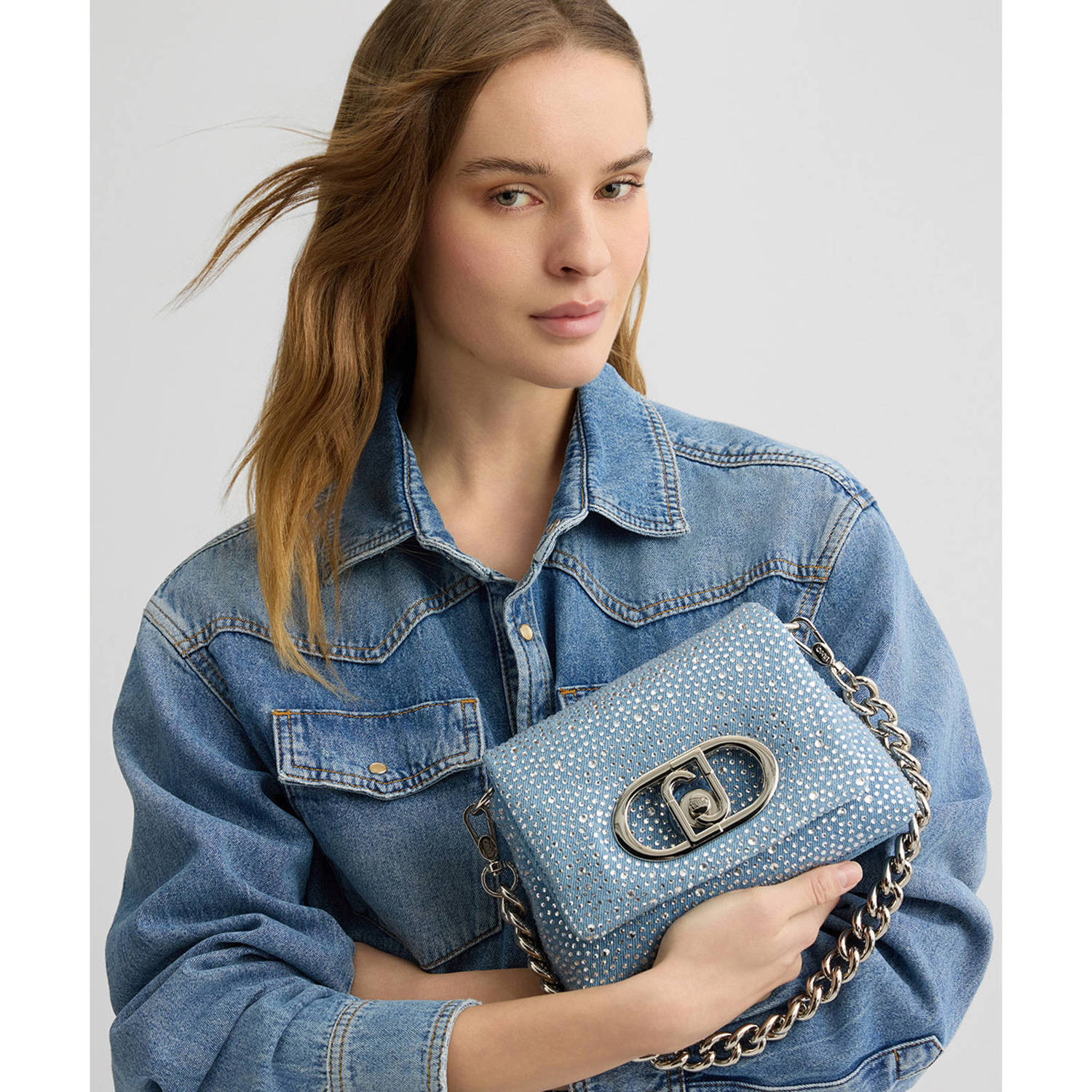 Liu Jo denim crossbody tas Lapuffy met strass blauw