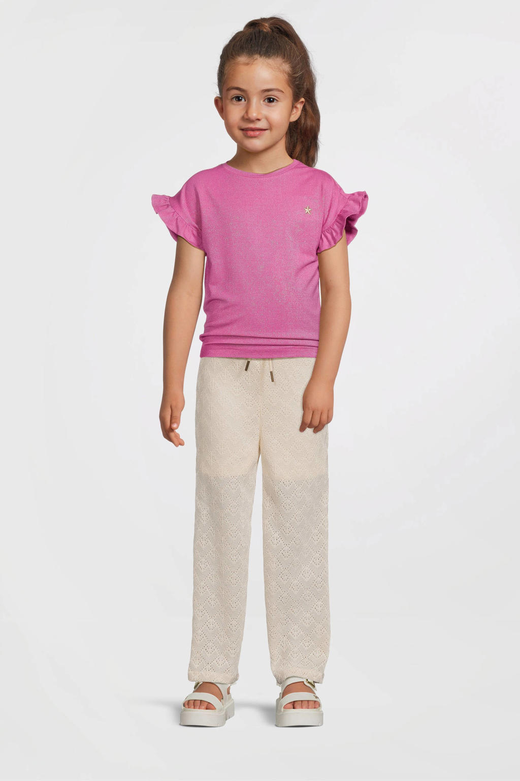 Fuchsia meisjes Like Flo T-shirt van viscose met effen, korte mouwen, ronde hals en glitters