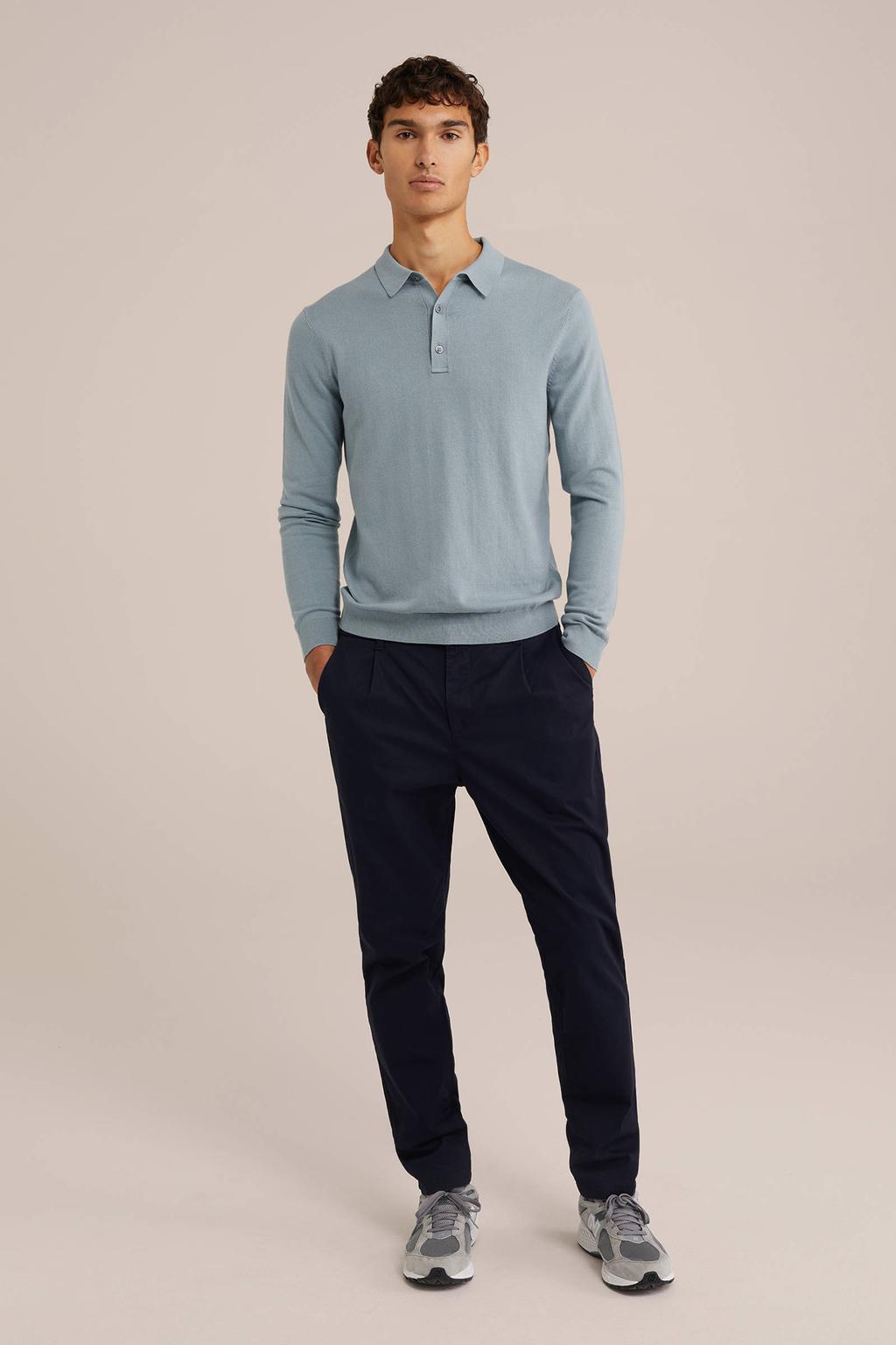 Lichtblauwe heren WE Fashion regular polo gebreid van katoen met effen, lange mouwen en knoopsluiting