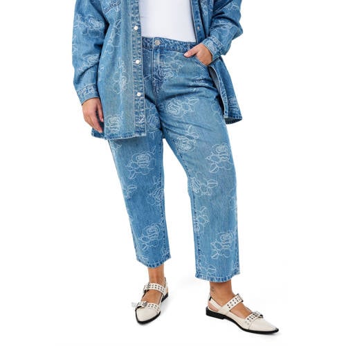 Zizzi gebloemde straight leg jeans light blue denim afbeelding