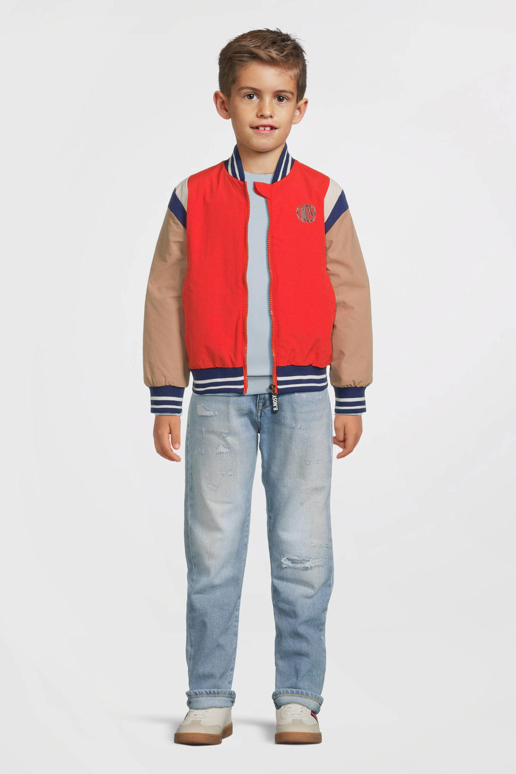 Rood en grijze jongens B.Nosy baseball jacket van polyester met meerkleurige print, lange mouwen, ronde hals en ritssluiting