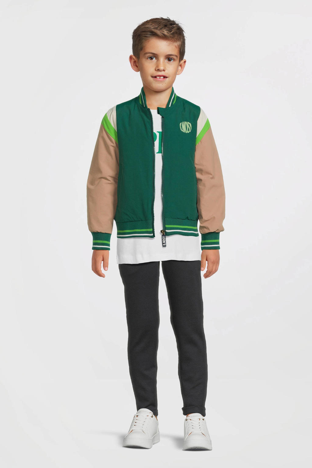Groen en grijze jongens B.Nosy baseball jacket van polyester met meerkleurige print, lange mouwen, ronde hals en ritssluiting