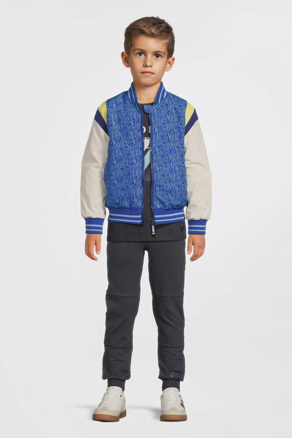 Blauwe jongens B.Nosy baseball jacket van polyester met meerkleurige print, lange mouwen, ronde hals en ritssluiting