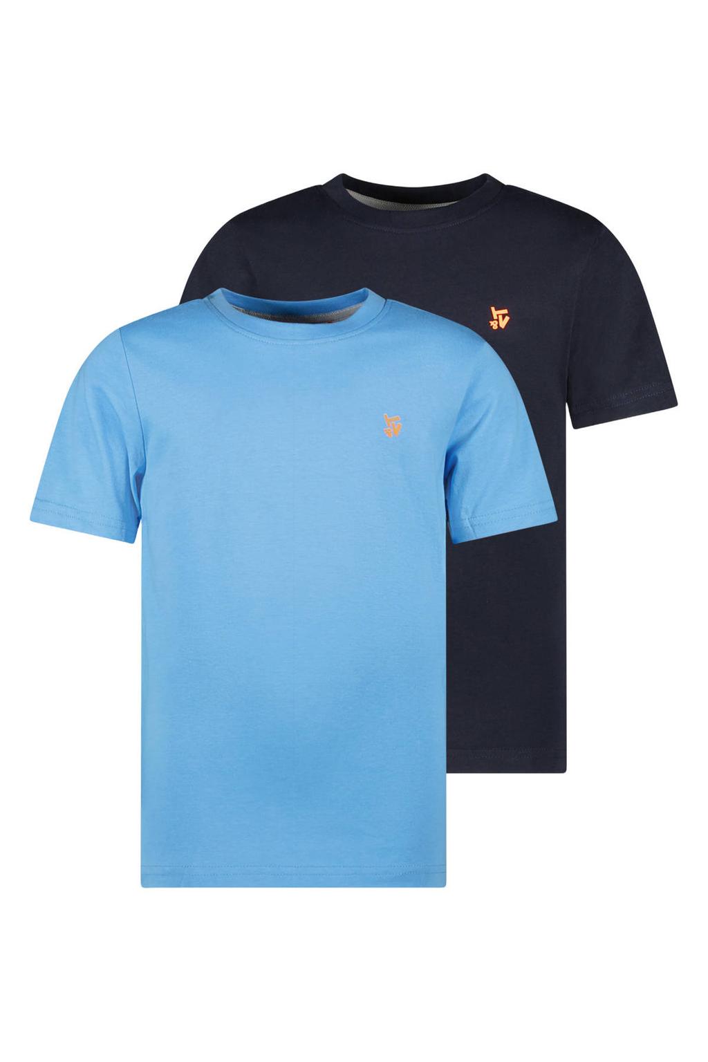 Set van 2 donkerblauw en lichtblauwe jongens TYGO & vito T-shirt van jersey met effen, korte mouwen en ronde hals