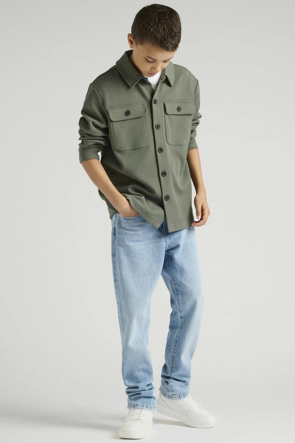 Grijsgroene jongens ONLY & SONS JUNIOR overshirt groen van polyester met effen, lange mouwen, klassieke kraag en knoopsluiting