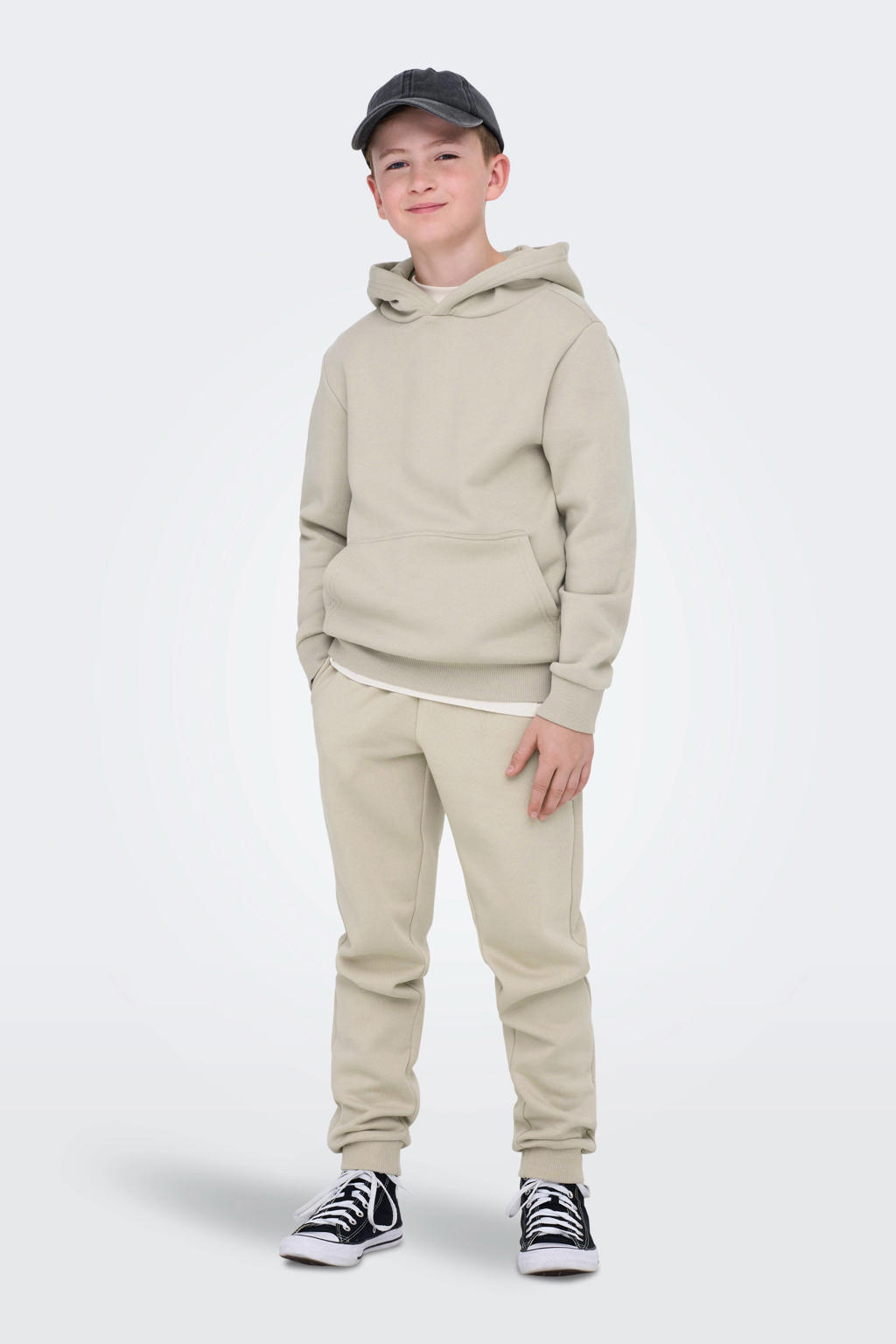 Lichtgrijze jongens ONLY & SONS JUNIOR hoodie van sweat materiaal met effen, lange mouwen en capuchon