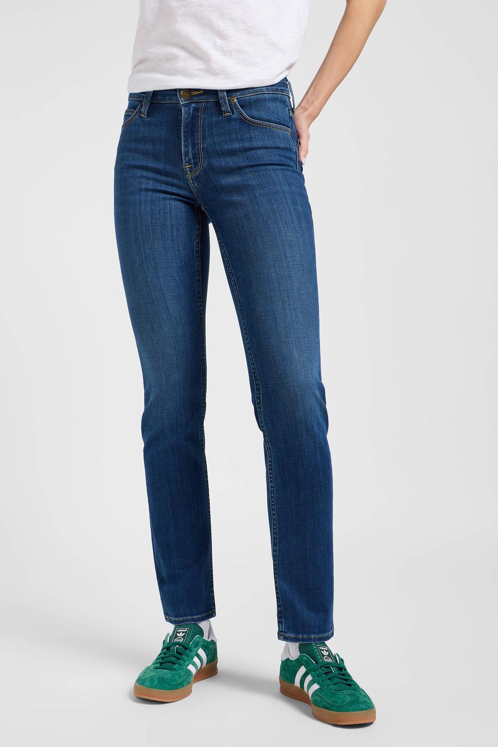 Medium blue denim dames Lee straight leg jeans van denim met rits- en knoopsluiting en effen