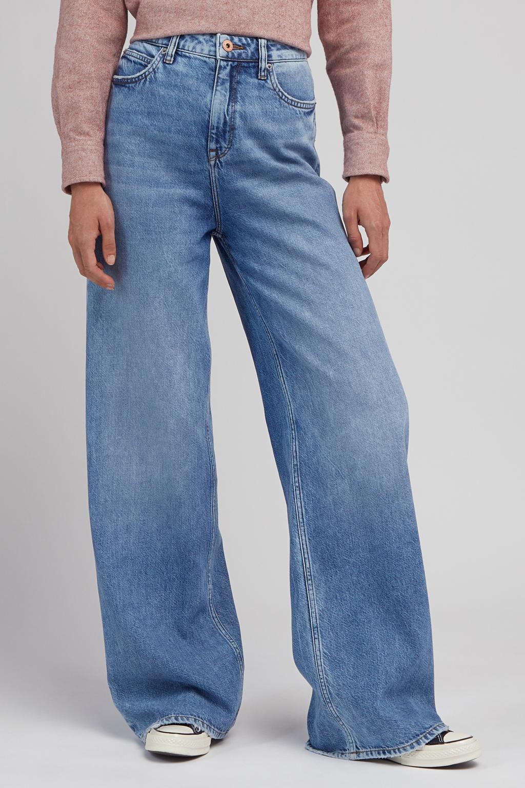 Medium blue denim dames Lee high waist wide leg jeans van denim met rits- en knoopsluiting en effen