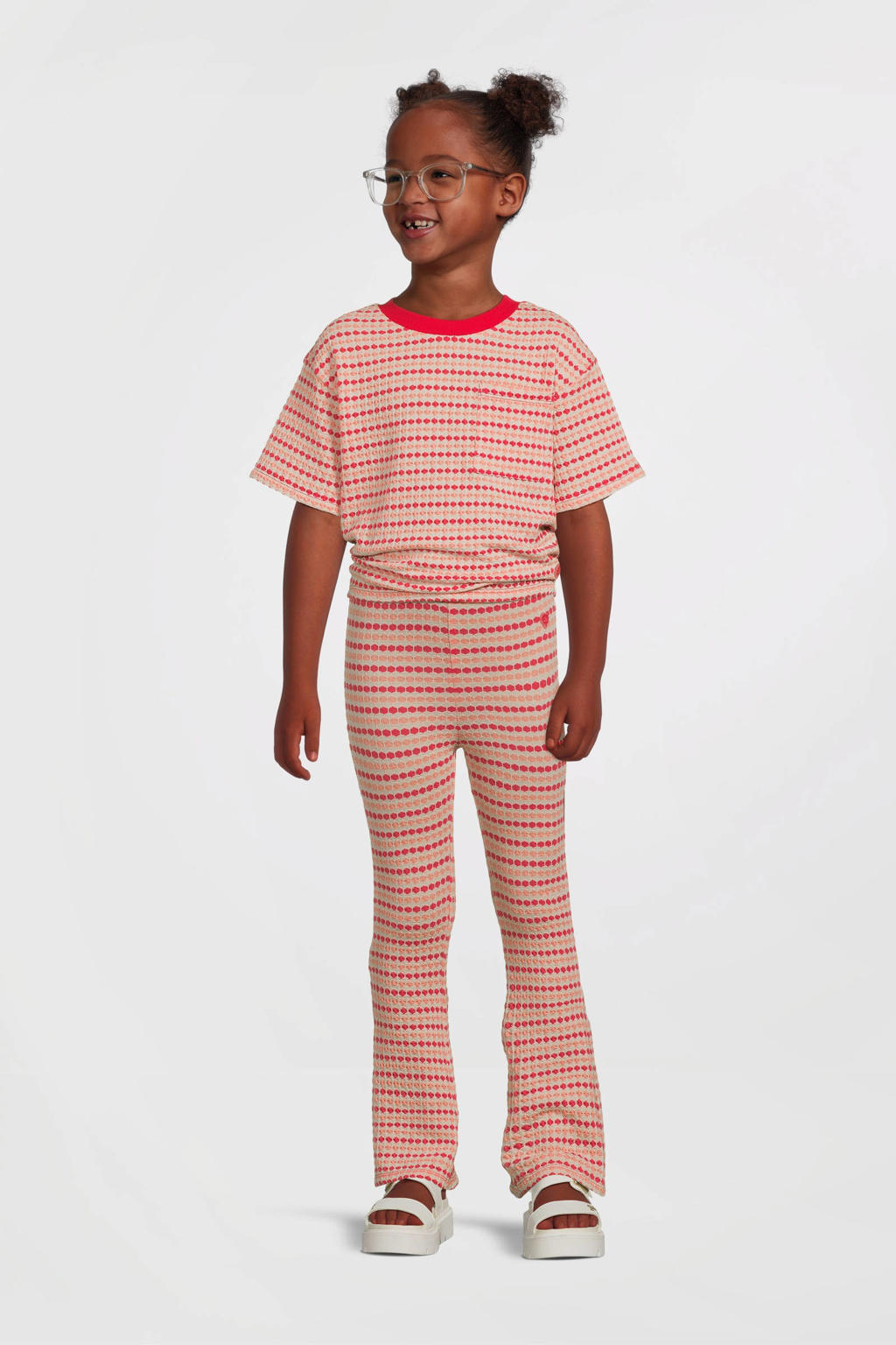 Rood en ecru meisjes Quapi T-shirt van katoen met korte mouwen en ronde hals