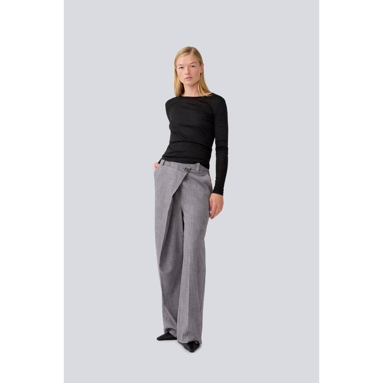 Modström wide leg regular waist broek grijs melange