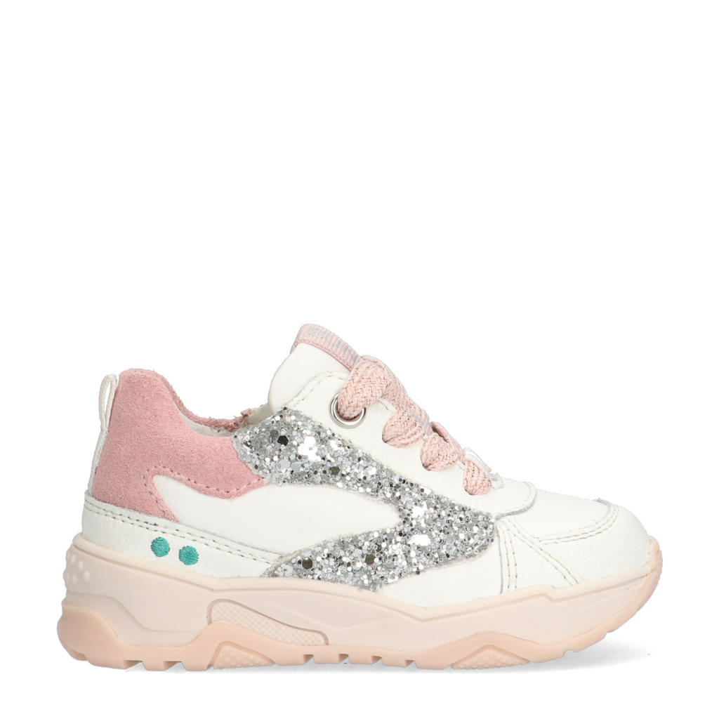 Wit en roze meisjes BunniesJR Ciske Chunky leren sneakers met glitters