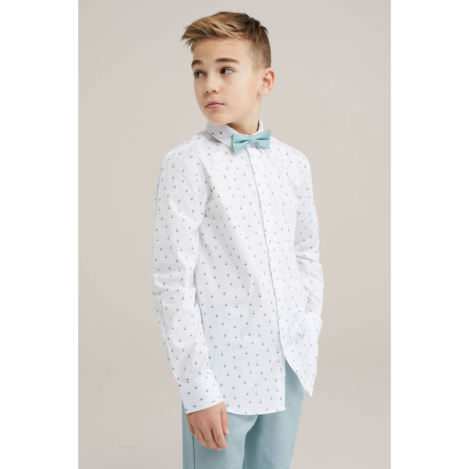 WE Fashion overhemd met vlinderstrik wit mintgroen