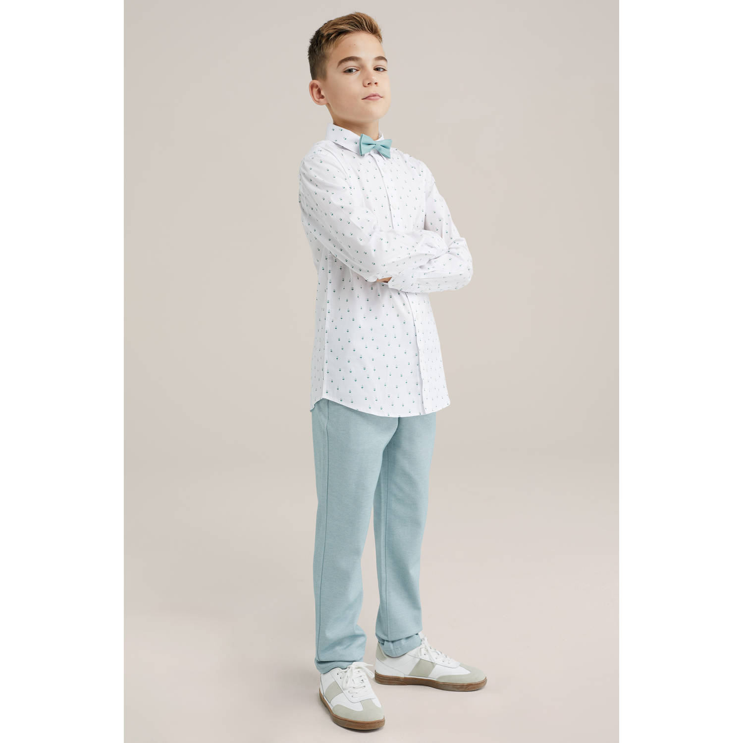 WE Fashion overhemd met vlinderstrik wit mintgroen